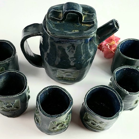 Vintage- Signed - Dark Blue Handmade Stoneware Tea Set with 6 Cups - Picture 2 of 12